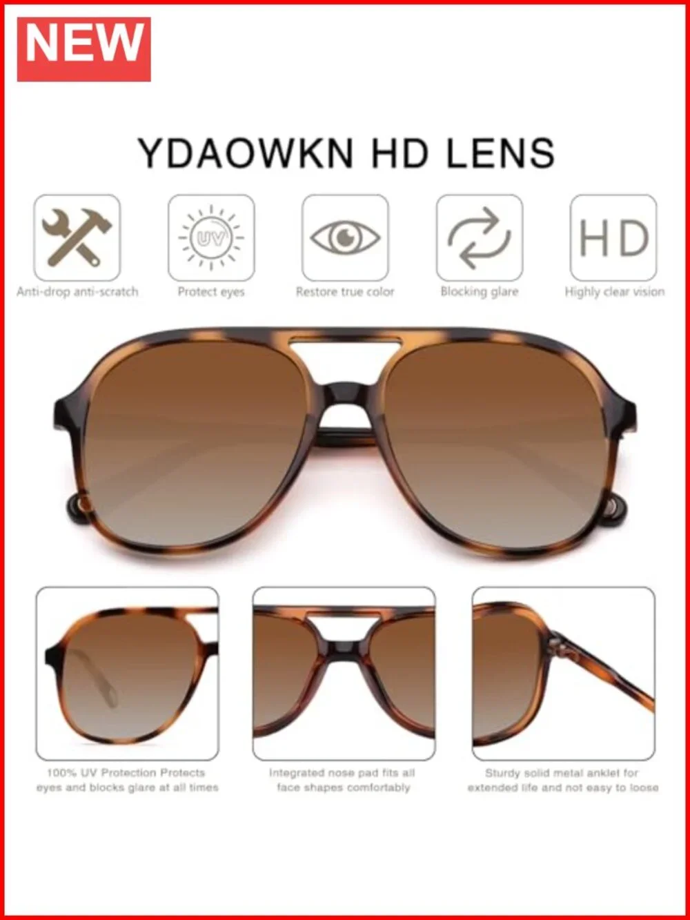 Retro Square Aviator Sunglasses with Double Bridge UV400 Protection